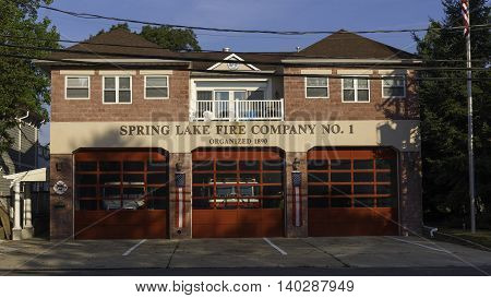 Spring Lake NJ USA -- July 28 2016 Spring Lake NJ Firehouse in the morning with blue sky background. editorial use only