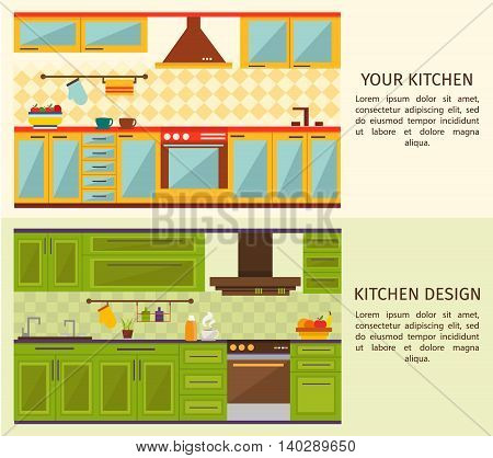 Kitchen interiors horizontal banners with yellow blue forniture and green wall cupboards and cabinets isolated vector illustration
