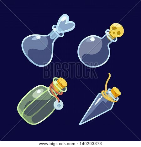 Vector illustration. Set of Cartoon Glass Bottles of potion.Isolated on a dark background.icon game magic. Game icon of magic elixir.Vector design for app user interface.Empty jar, bottle with stopper.