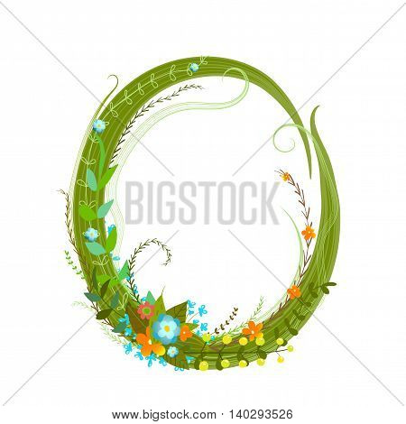 Flower intricate ABC sign O. Floral summer colorful intricate calligraphy design lettering element. Vector illustration.