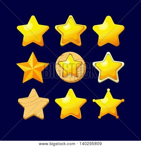 Vector illustration.Set of Cartoon different Stars.Cartoon glossy Star isolated on a dark background. Game icon.Vector design for app user interface and score display.Set of wooden and golden stars.