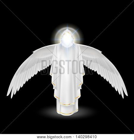 Gods guardian angel in white with wings down on black background. Archangels image. Religious concept