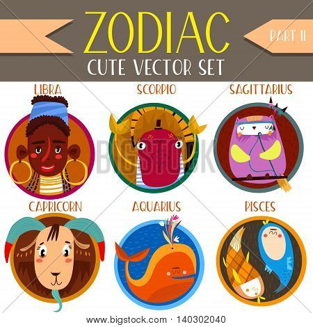 Cute Vector Set Of Zodiac Signs.part 2: Libra, Scorpio, Sagittarius, Capricorn, Aquarius,pisces. Cut