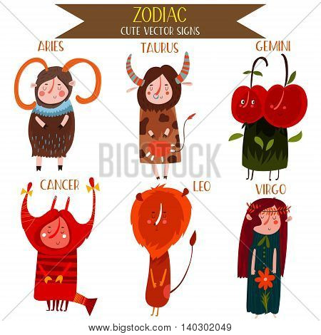 Cute Vector Set Of Zodiac Signs.part 1: Aries,taurus, Gemini, Cancer, Leo, Virgo. Cute Cartoon Astro