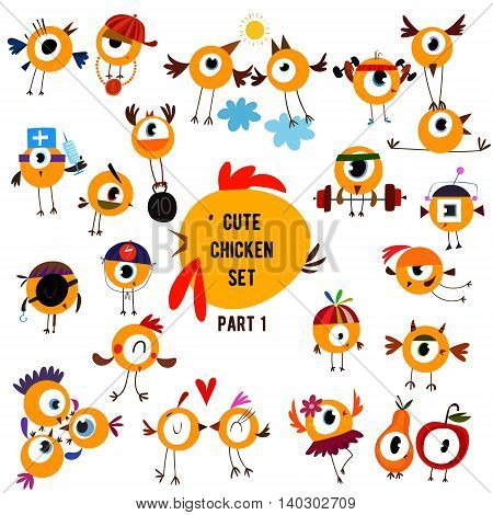 Cute Chicken Set-part 1- Lovely Chicks In Various Poses Isolated On White Background For Sweet Desig