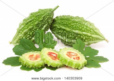 green momordica or karela with leaf isolated on white background.