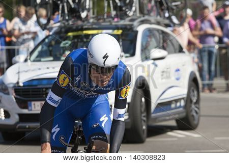 Apeldoorn, Holland, May 6, 2016: Close up photo of Cyclist of team quickstep during the prologue of the Giro the italia