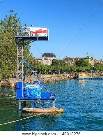 Zurich, Switzerland - 20 July, 2016: view on Lake Zurich and Utoquai quay from the Quaibruecke bridge. Zurich is the largest city in Switzerland and the capital of the Swiss canton of Zurich.