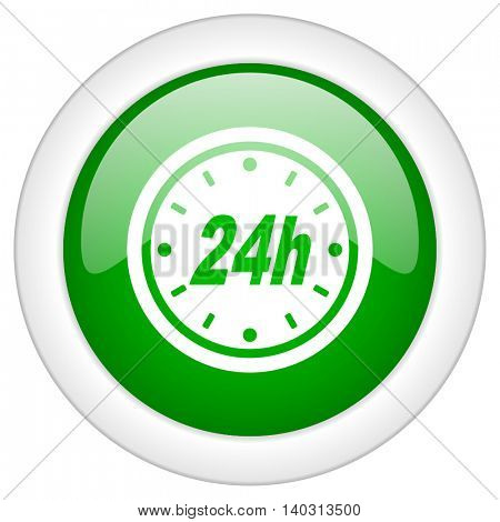Green glossy web time vector icon isolated on white bacground