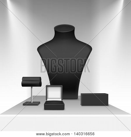 Vector Set of Black Necklace Earrings and Bracelet Stand for jewelry with Jewellery Box Close up Isolated in White Showcase