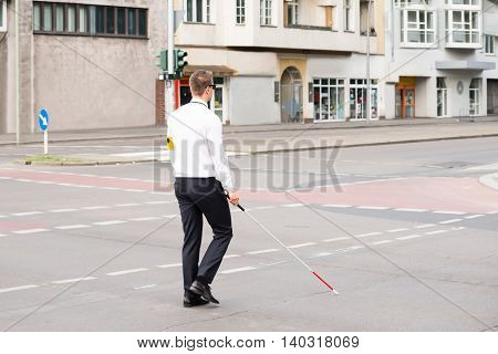 Young Blind Man Holding Stick Crossing Road