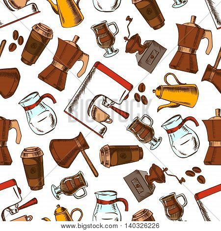 Coffee makers seamless pattern background. Vector sketch elements of retro coffee mill, turkish cezve, espresso machine, coffee grinder, moka pot, macchinetta, milk pitcher