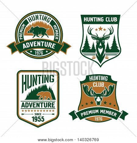 Hunting club shields set. Vector hunt sports emblems with animals, boar, deer, elk, bear, antlers, arrows, forest. Hunter premium member shield for badge, t-shirt outfit