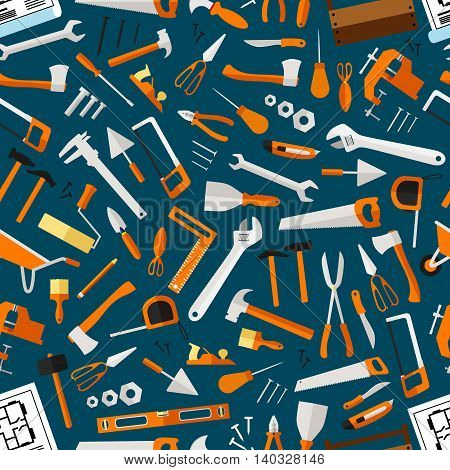 Construction and repair tools seamless pattern wallpaper. Carpentry flat icons background. Carpenter and builder working elements. Vector hammer, axe, ruler, hatchet, saw, screw driver, ruler, knife