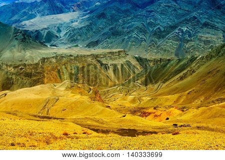Beautiful aerial view of moonland Himalayan mountain background LadakhJammu and Kashmir India. Stock photograph of Ladakh.