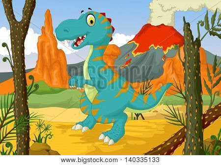 funny dinosaur cartoon in the jungle with forest landscape background