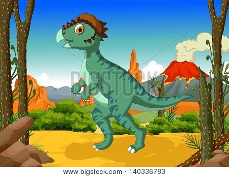funny Dinosaur Stegoceras cartoon with forest landscape background