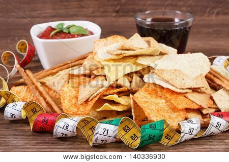 Centimeter, Unhealthy Food, Sauce With Basil And Cola On Wooden Board