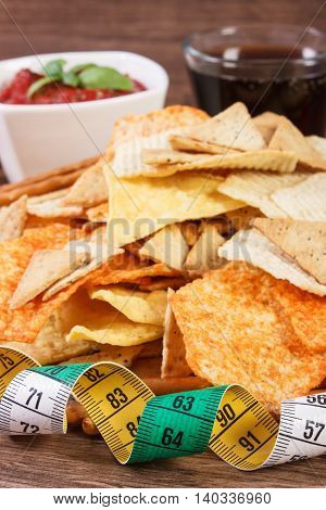Centimeter, Unhealthy Food, Sauce With Basil And Cola On Wooden Board