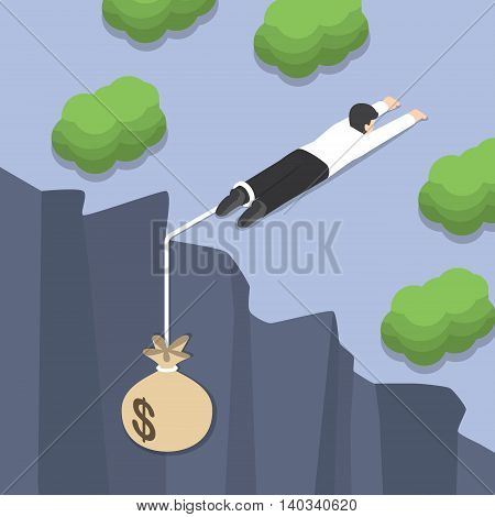 Isometric businessman holding on the cliff edge with money bag tied on his leg Bankruptcy liabilities financial crisis concept