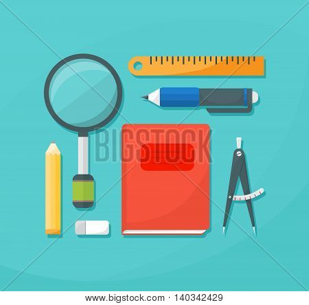 Flat icons set of school supplies. Back to school. Vector illustration