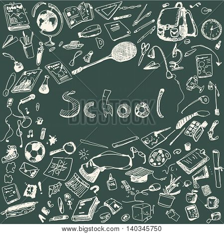 Doodle illustration of school objects. Chalk outlined illustration of design elements.