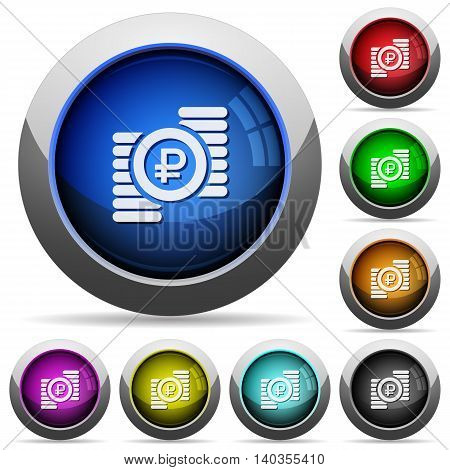 Set of round glossy Ruble coins buttons. Arranged layer structure.