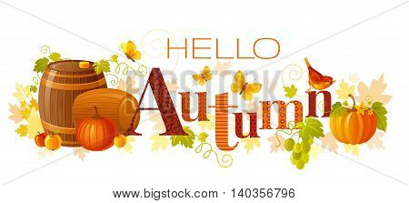 Vector illustration of word Autumn with agriculture and farm symbols - wine barrels, vineyard leafs, grapes, apples, pumpkin vegetables on white background. Text lettering banner for seasonal concept