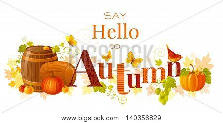 Vector illustration of word Autumn with agriculture and farm symbols - wine barrels, vineyard leafs, grapes, apples, pumpkin vegetables on white background. Text lettering banner for seasonal concept