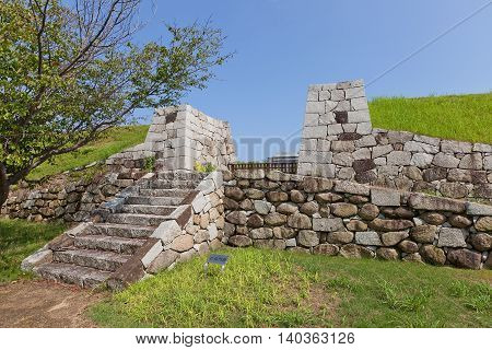 AKO JAPAN - JULY 18 2016: Former Hanebashimon gate of main bailey of Ako Castle (circa 17th c.). Castle was a seat of Lord Asano Naganao
