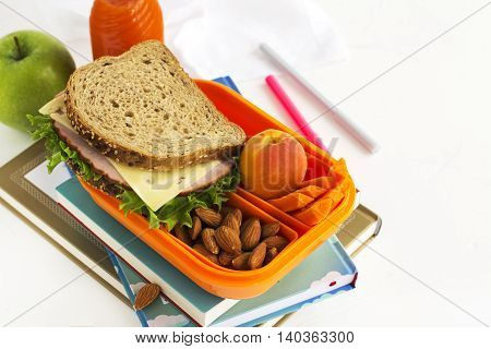 Kids lunch box with healthy meal. Back to school concept. Selective focus