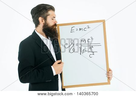 Bearded Man With Einstein Formula And Newtons Law