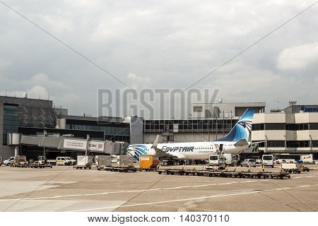 FRANKFURT GERMANY - JULY 24 2016: EgyptAir Boeing 737-866 airplane at the Frankfurt International Airport