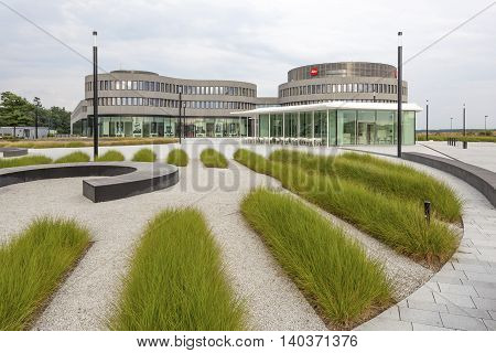 WETZLAR GERMANY - JULY 24 2016: Futuristic buildings of the Leica cameras factory and office in the Leitz Park Wetzlar Hesse Germany