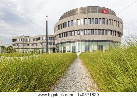 WETZLAR GERMANY - JULY 24 2016: Futuristic buildings of the Leica cameras factory and office in the Leitz Park Wetzlar Hesse Germany