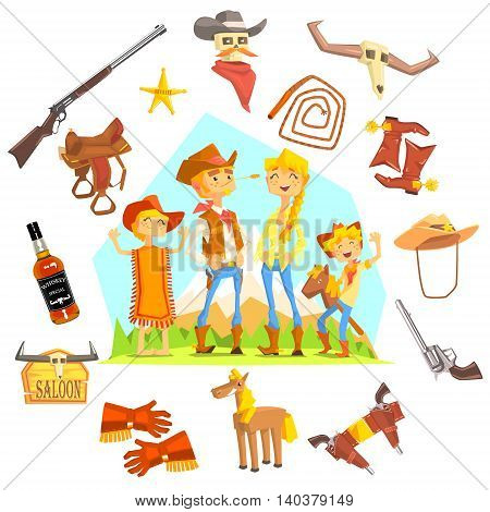 Family Dressed As Cowboys Surrounded By Wild West Related Objects Cool Colorful Vector Illustration In Stylized Geometric Cartoon Design
