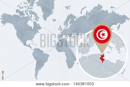 Abstract Blue World Map With Magnified Tunisia.