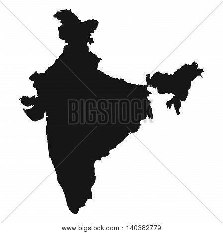 High detailed map of India. Black silhouette isolated on white background. Vector illustration