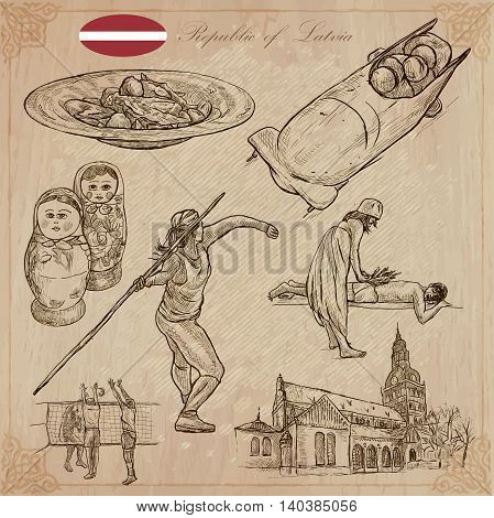 Latvia. Republic of Latvia. Vector pictures. Pictures of life and travel collection of an hand drawn illustrations. Pack of hand drawings. Set of freehand sketches. Line art technique.