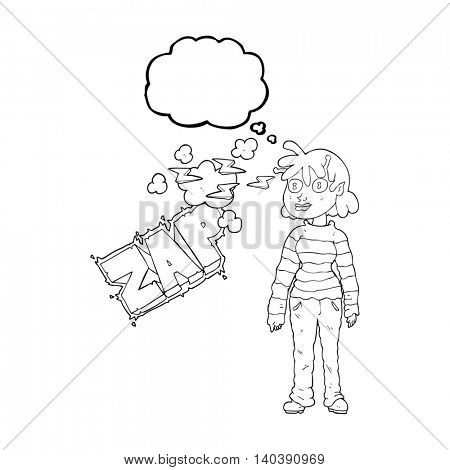 freehand drawn thought bubble cartoon casual alien girl using telepathy
