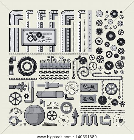 Decorative design elements in style the steam punk. Big vector set.