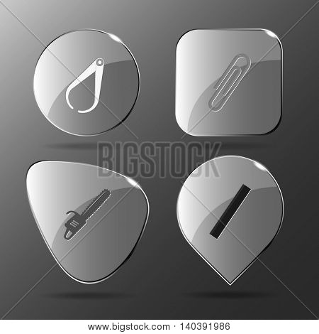 4 images: caliper, clip, gasoline-powered saw, ruler. Angularly set. Glass buttons. Vector illustration icon.
