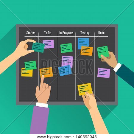 Agility is reached by effective task management with the help of the board, colorful vertor flat illustration