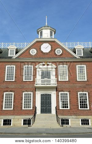Old Colony House, built in 1741, was served as meeting place for the colonial legislature. This house now is a National Historic Landmark at Washington Square in downtown Newport, Rhode Island, USA.