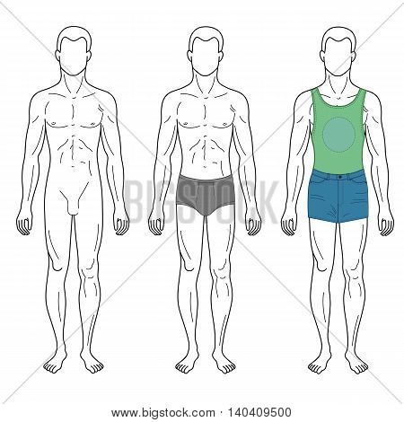 Fashion man outlined template full length front figure silhouette in shorts & brief underpants vector illustration isolated on white background