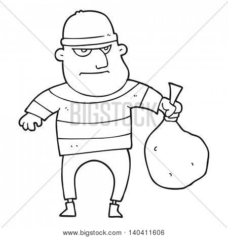 freehand drawn black and white cartoon burglar with loot bag