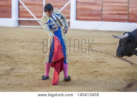Sabiote SPAIN September 9 2011: The Spanish Bullfighter Francico Rivera bullfighting with the crutch in the Bullring of Sabiote Spain