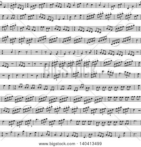 Abstract musical background. Chaotic collection of musical symbols, decorated according to the rules of musical notation. Physical diapason is not determined.