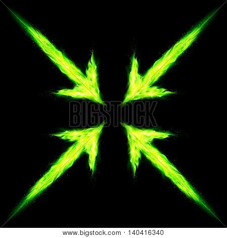 Four green fire arrows directed to the centre. Illustration on black background