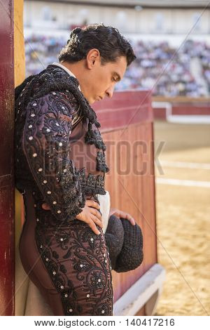 Andujar SPAIN - September 7 2014: Spainish bullfighter totally focused moments before leaving to fight in Bullring of Andujar Spain